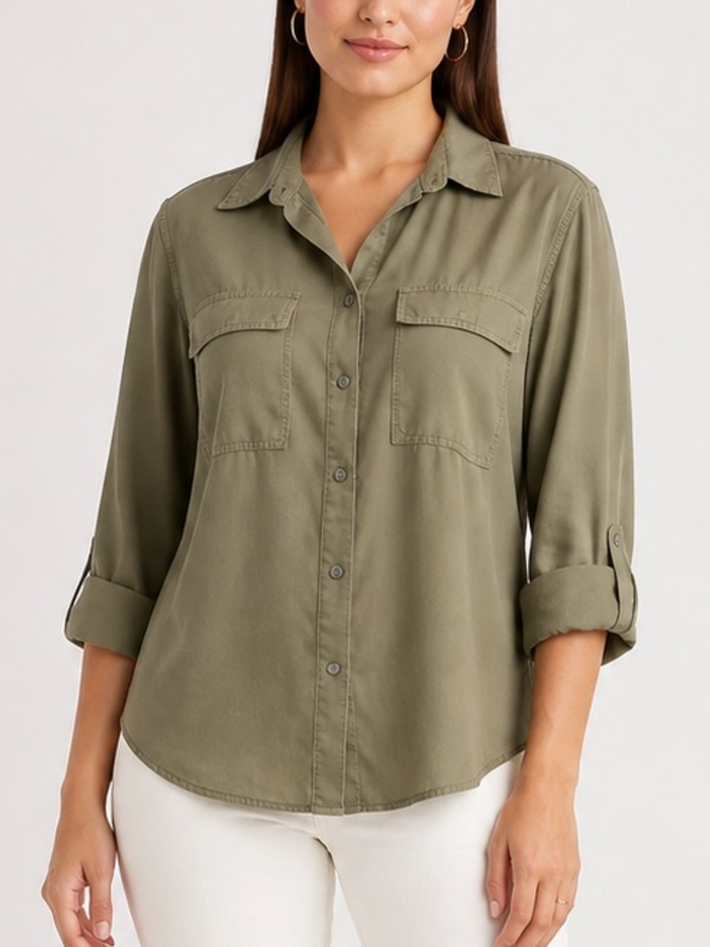 Quince Tencel Lyocell Button Down Shirt Olive Utility Top Size M